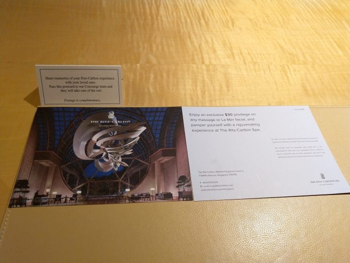 ritz carlton singapore Post Card and Spa discount card