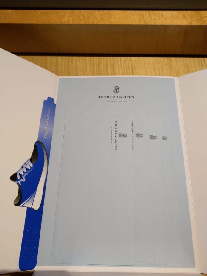 ritz carlton singapore A4 sized writing paper, envelopes, and the running wrist band can be found inside