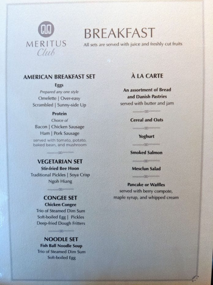 Meritus Club breakfast menu