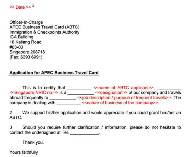 apec business travel card reference letter