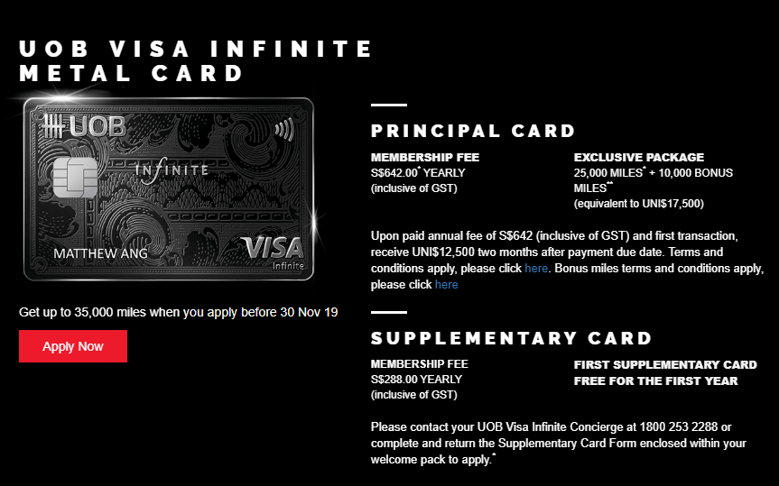 UOB Visa Infinite Metal Card offering 10,000 miles sign up bonus The