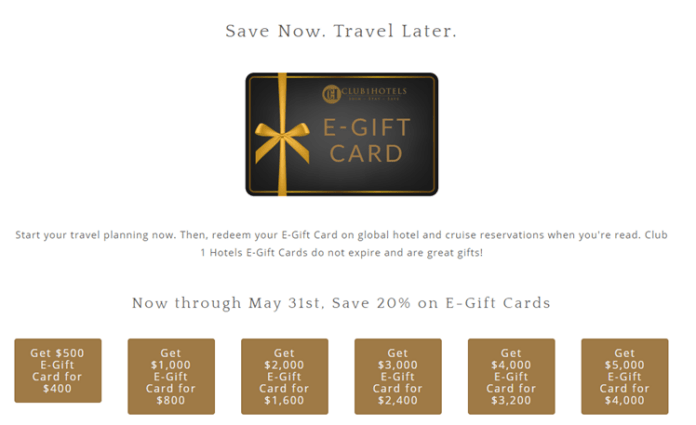 Club 1 hotels gift cards