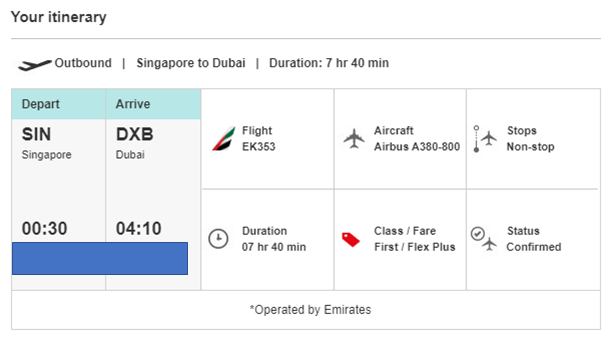 emirates First Class itinerary