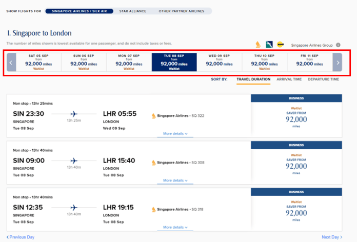 singapore airlines award search new