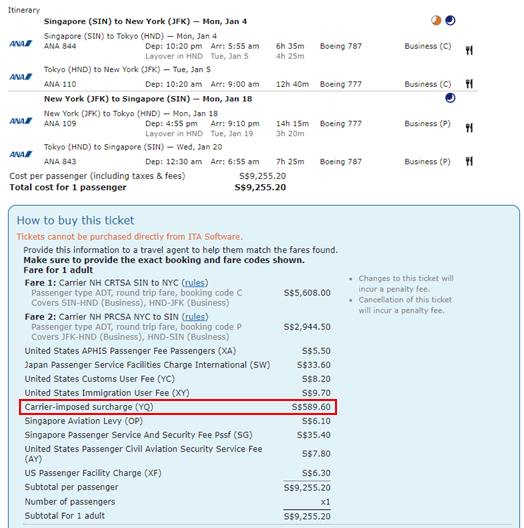 sin-hnd-jfk fuel surcharges ana