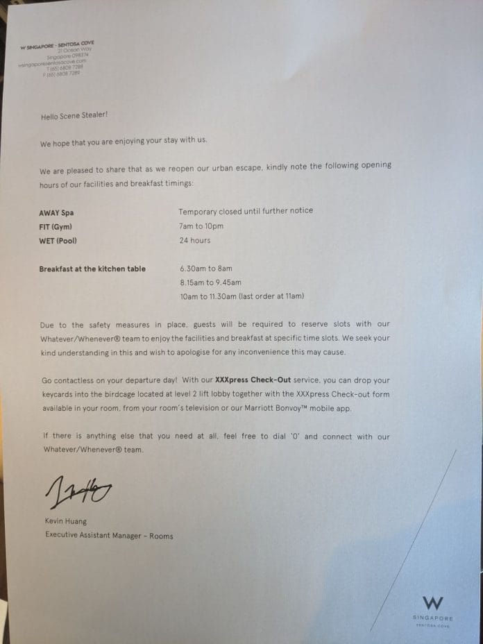 W Sentosa Welcome Letter