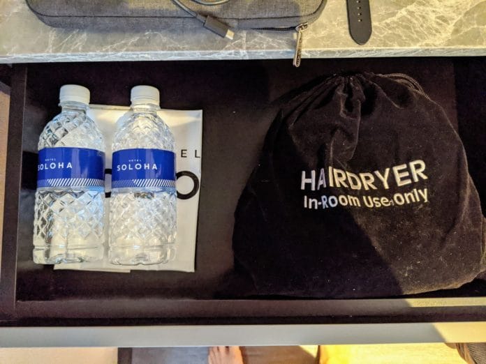 Hotel Soloha- Bottled water and hairdryer