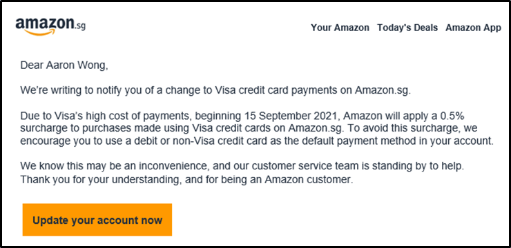 Psa Amazon Singapore Adding 0 5 Visa Credit Card Surcharge The Milelion