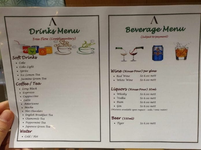 Ambassador Transit Lounge drinks menu
